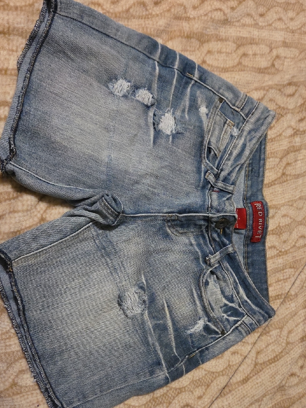 Red Rivet Distressed Light Blue Denim Jean Shorts -- Western Riding Shorts